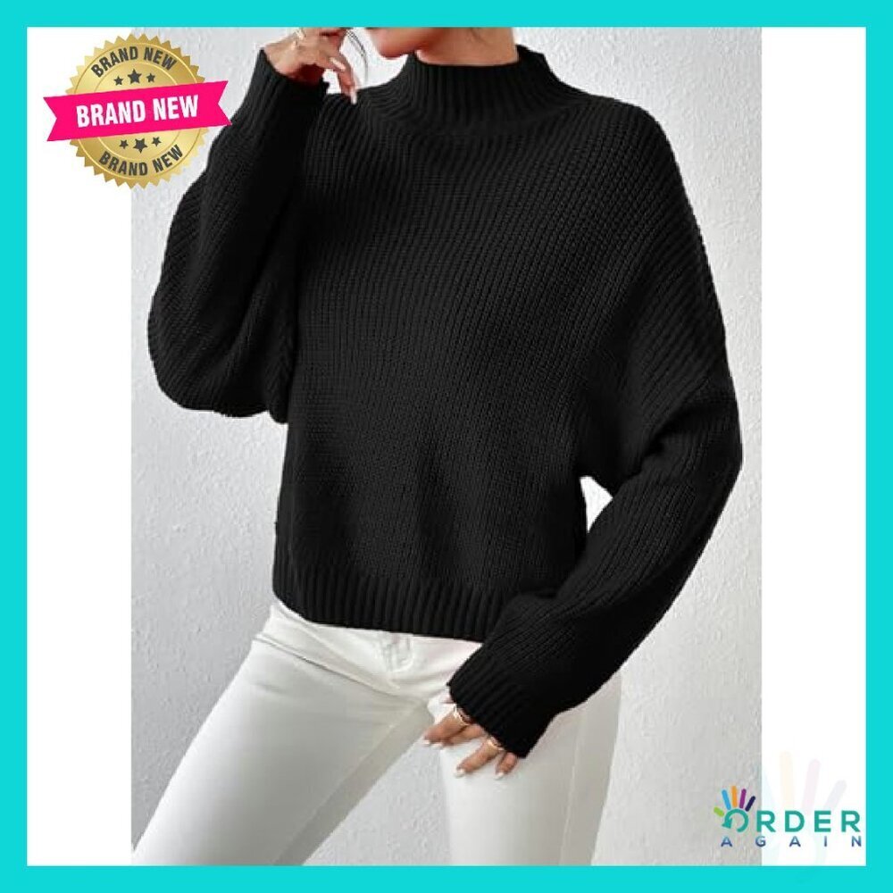 Cropped Mock Neck Sweater Ribbed Knit Pullover Loose Fit Y2K Chic - Picture 6 of 8
